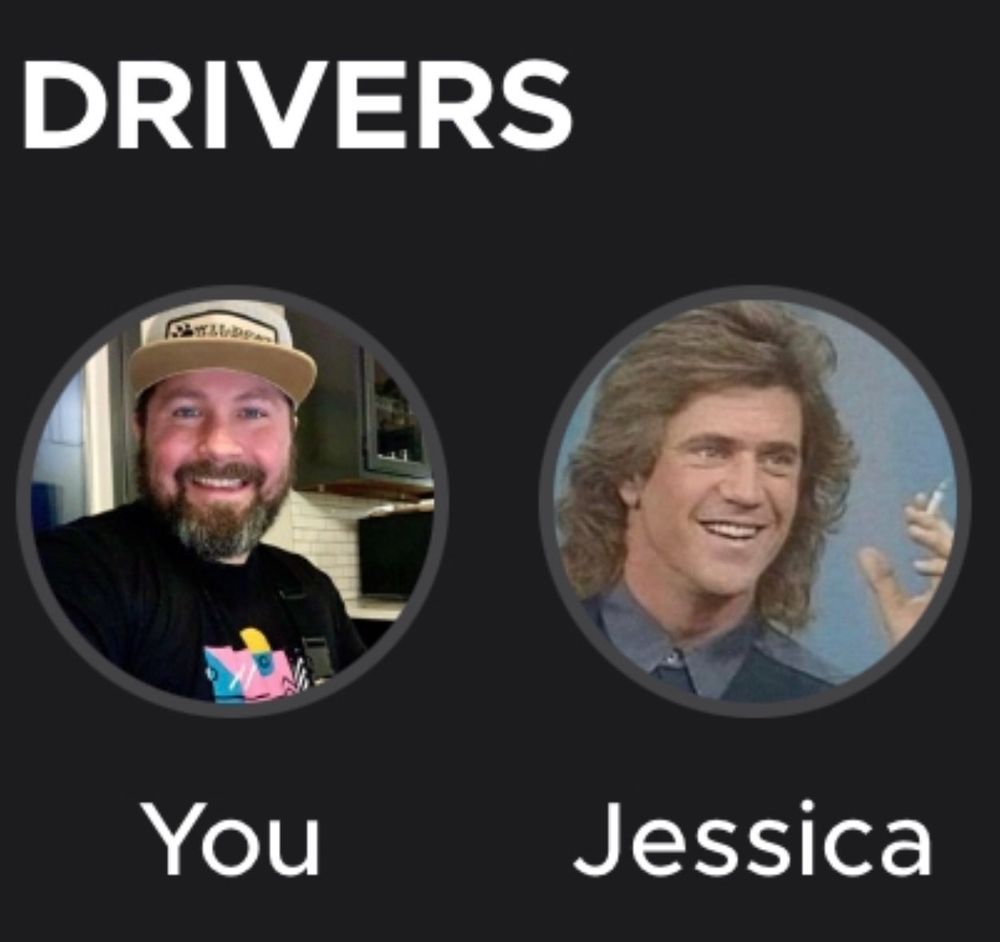 A screenshot of my remote starter app on the "drivers" screen, featuring a picture of me with a beard, and "90s mom Mel Gibson" serving as the profile pic for my wife