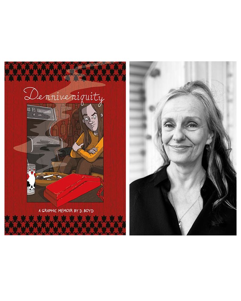 To the left is the red cover of D.Boyd's new graphic memoir, DENNIVENIQUITY. To the right is an artist photo of D. Boyd. It's in black and white, she has long wavy hair and she is looking at the viewer with a warm smile. 