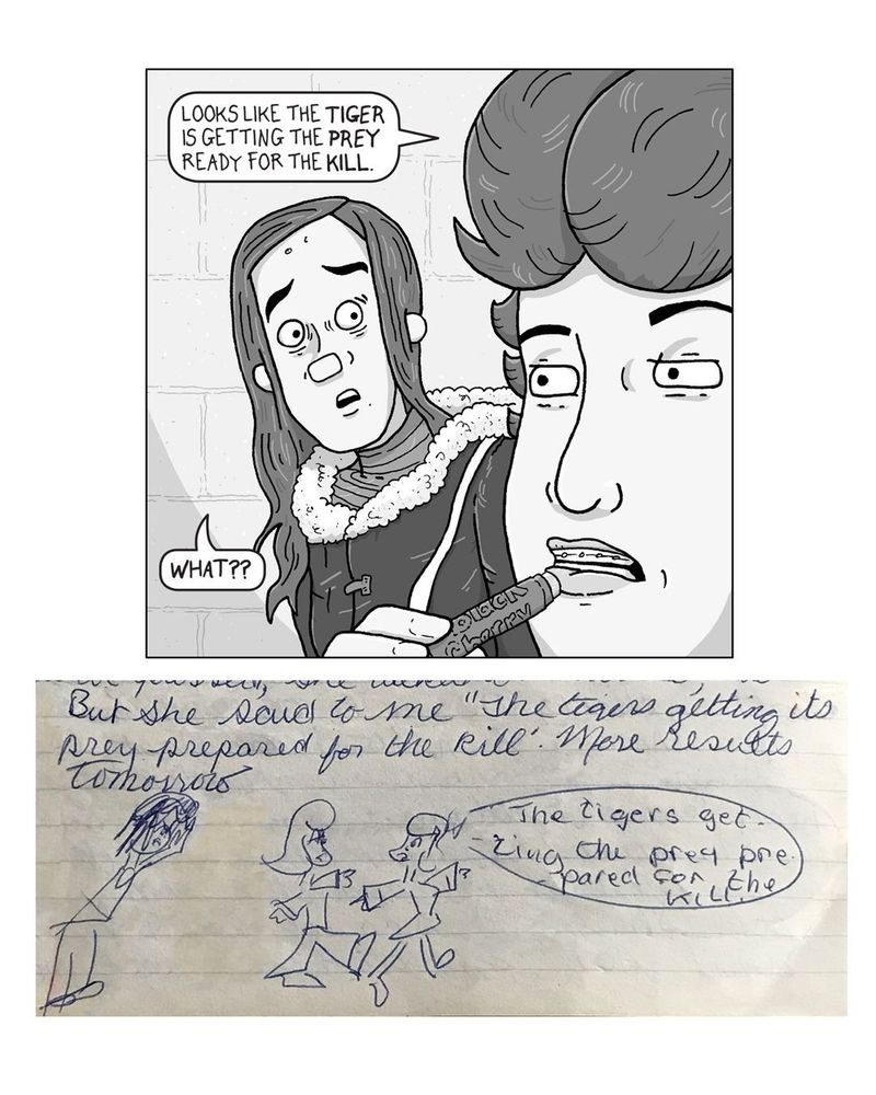 Image is a panel from DENNIVENIQUITY's pages, with one youth putting on lipchap while saying "looks like the tiger is getting the prey ready for the kill." and the main character, is surprised and responds with "What??" Below the illustrated comic panel is a page from D Boyd's teenage diaries, that describes in text and illustration this exact moment in D Boyd's life. 