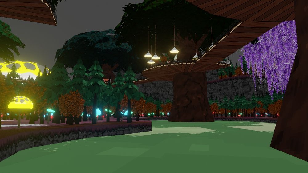 A swampy area littered with giant glowing mushrooms. Over the forest and across the bog are a series of enormous trees, linked together by wooden walkways. On one of them is a series of hanging lights and what looks to be some sort of cafe.
(Okay seriously why are these all swamps?)