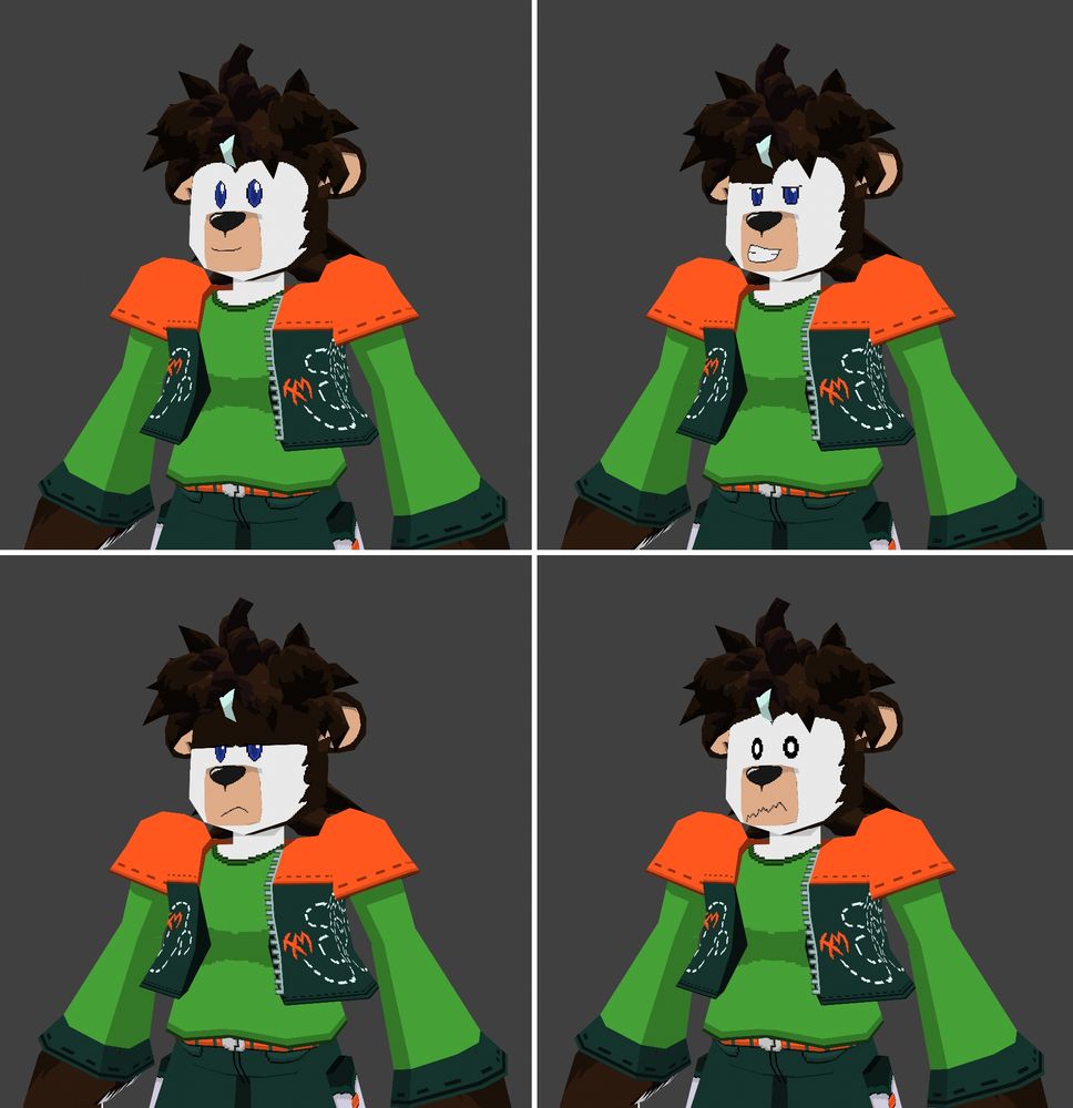 A test model of my avatar, Trail, switched from human to bear. There are four screenshots, each with a different expression: Default (happy), smug, annoyed and panic.