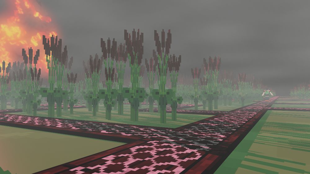 A murky labyrinth made out of traditional walkway planks lined with wire fencing. The maze sits on top of a murky bog that extends endlessly. Reeds extend out of the bog, making the maze harder to navigate. The same magma moon peeks over the horizon to the west.