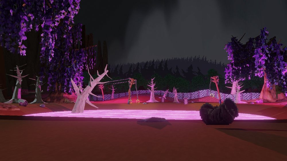 A dreery purple area fenced off from the world. Giant trees covered in purple vines drape the smaller dead trees, which surround a toxic glowing pool of sludge. A disconnected telegraph wire runs through the valley, with the loose wires sparking with electricity as they dangle about. A lone crushed up oil barrel sits in front of the sludge pool.