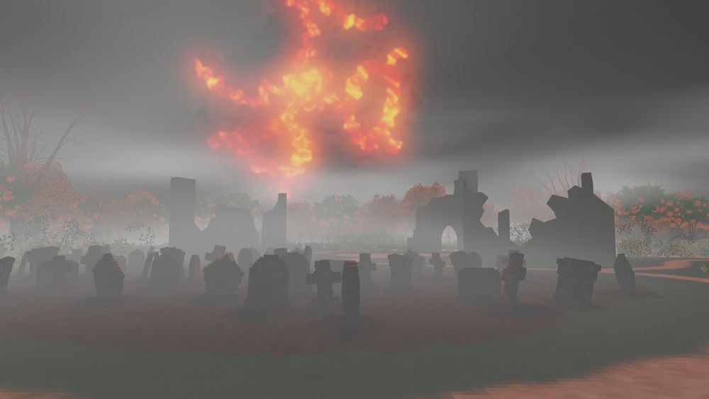 A misty graveyard in a blood orange orchard. Church ruins lie silently under a magma-covered moon(?) that bathes the place in red light.
