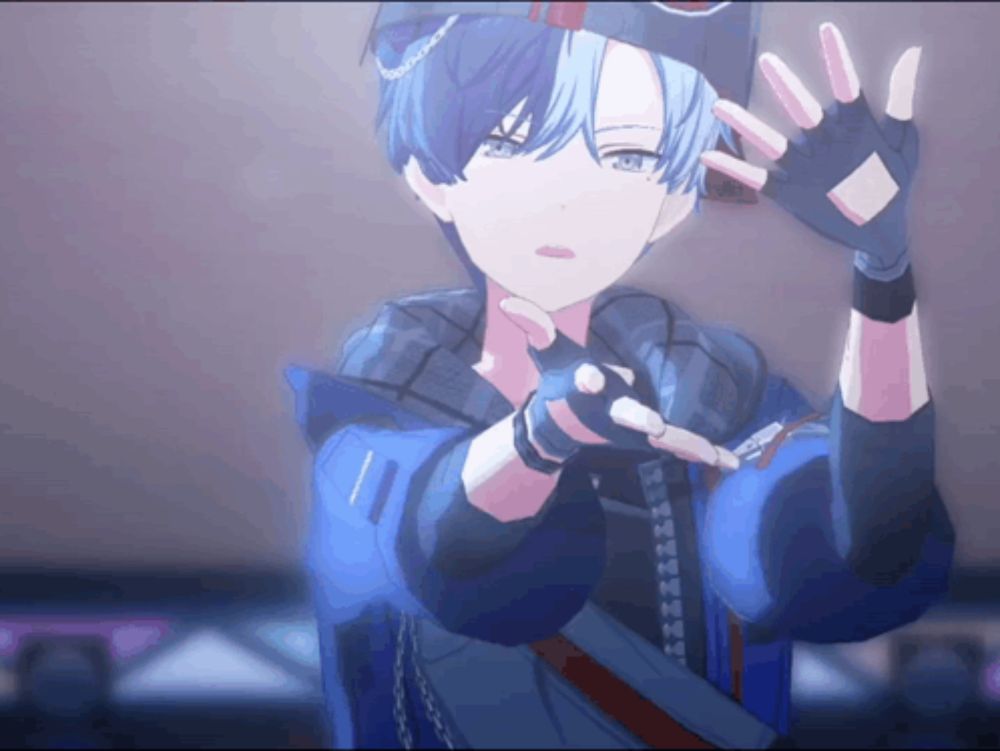 a boy with blue hair and black gloves is standing in front of a glass wall