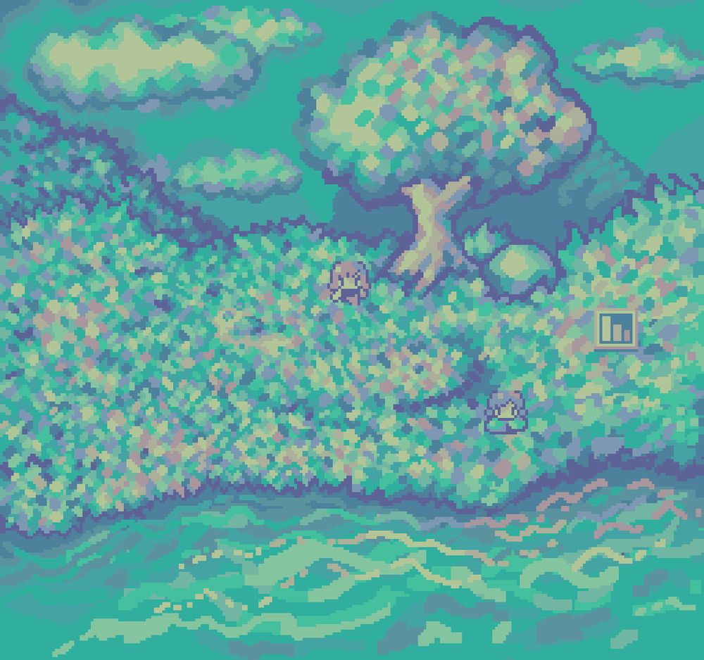 A grassy swampy desaturated landscape, tree, rocks, puffy clouds, water. This is somewhat cleaned up like a pixel piece, but not everywhere received this treatment since it became tiring to render. Still, a fun exercise to draw a larger piece! 12 colors total, but not really particularly optimized for ths.

two characters on the terrain. one with a short-sleeved black shirt, long reddish hair and bangs. another with a shorter purple hair, tied in small braids, magical green robe. stair tiles.