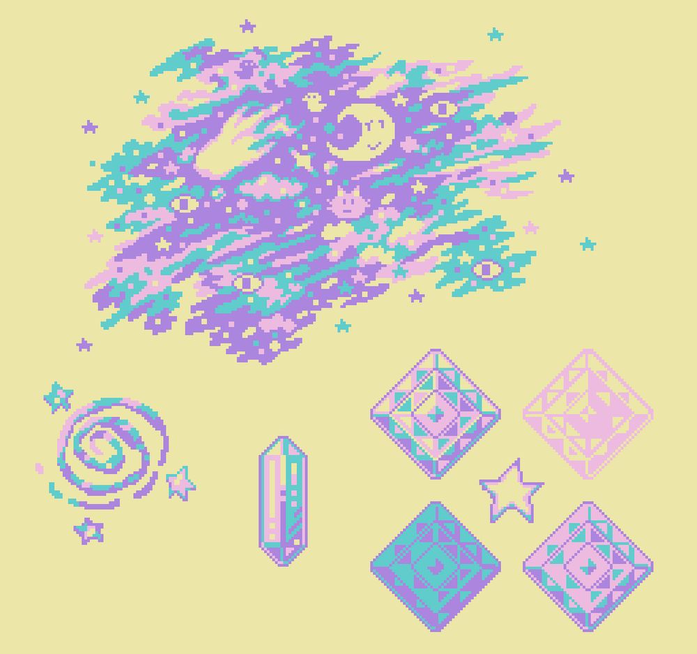 a starfield with sort of coincidental-but-not-intentional 'jazz cup' aesthetics, a moon with a face, a cat-shaped blob/planet, some eyes, some stars, clouds, birds

some crystals, some stars, some swirls

everything uses 4 colors - yellow, teal, magenta, dark purple