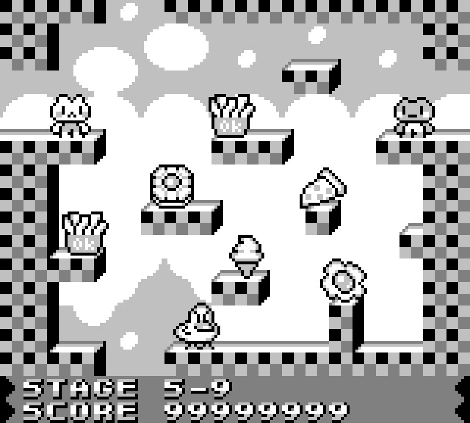GB mockup of my "bub-like" game: Contains a few sprites (cat, frog, duck, fries with the letters OK, fruit-filled cookie, ice cream, pizza, egg) over a greyscale checkerboard wall pattern, with a cloudy light-grey backdrop. There are 3D dropshadow tiles to add some depth between fg/bg, gradient text at bottom with a dark grey background.