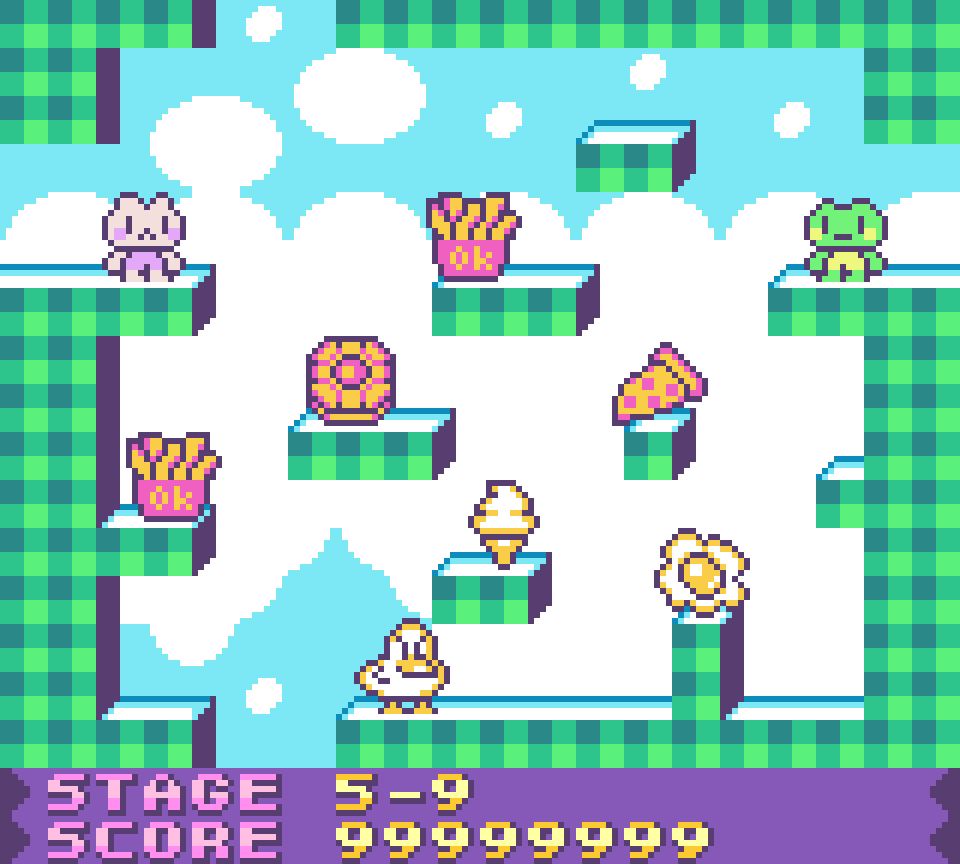 GBC mockup of my "bub-like" game: Contains a few sprites (cat, frog, duck, fries with the letters OK, fruit-filled cookie, ice cream, pizza, egg) over a green checkerboard wall pattern, with a cloudy blue backdrop. There are 3D dropshadow tiles to add some depth between fg/bg, colorful pink and yellow gradient text at bottom with a purple background.