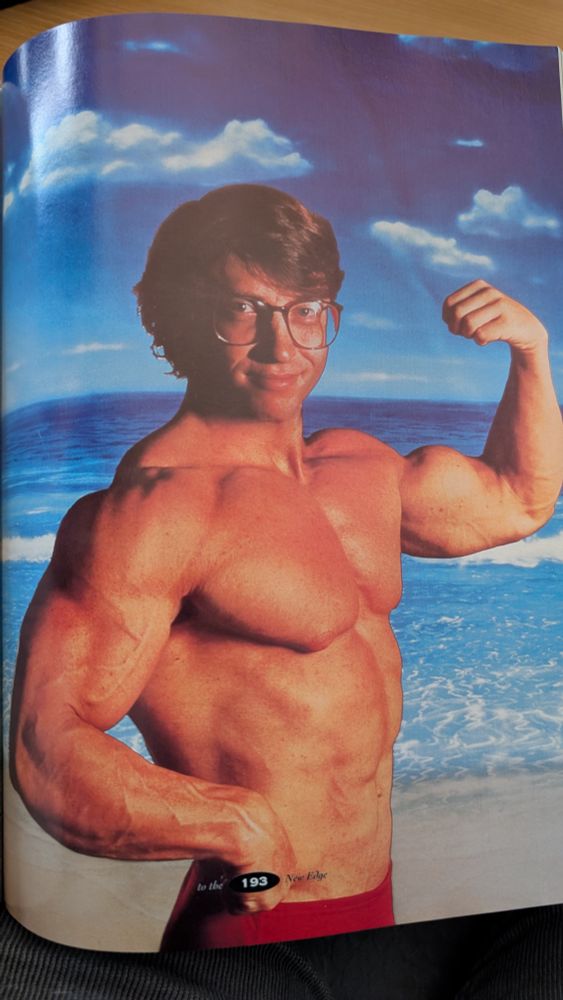 Photoshopped picture of a muscle bound hunk flexing on a beach but with Bill Gates' head