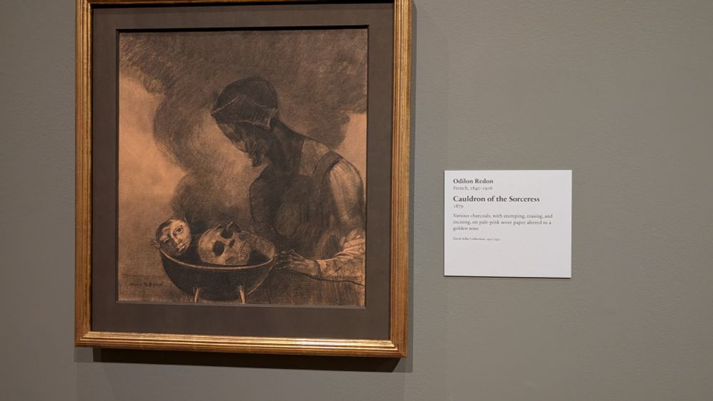 Odilon Redon's drawing, Cauldron of the Sorceress. Appears to be a seated woman shown shrouded in shadow, he face is not very visible. In the cauldron is what looks like two heads, one of which is showing the skull.