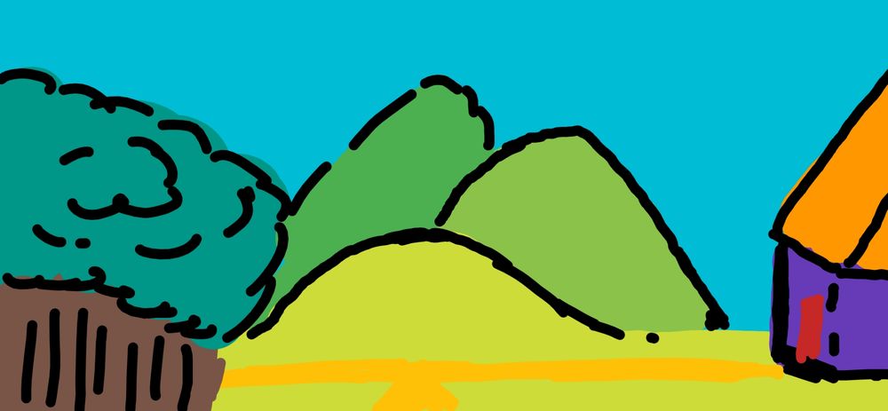 Simple drawing of a path diverging between some hills, a house, and a forest.
