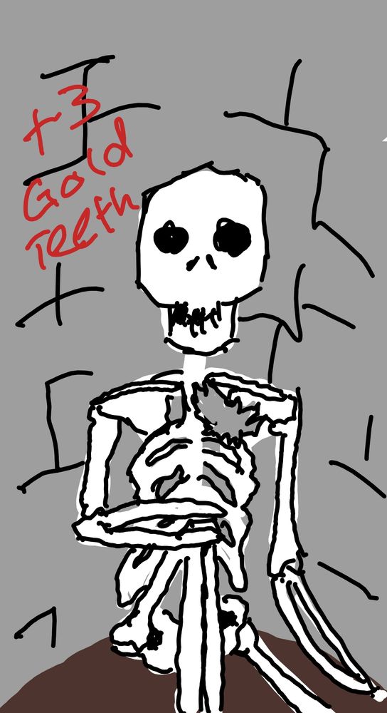 Skeleton at the bottom of the well, three missing teeth. Note is gone. Hole on its left breast. Text reads "+3 gold teeth"
