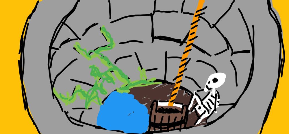 A look into a well. Slimy moss, a puddle of water, a bucket on a rope, and a sitting skeleton are down there.