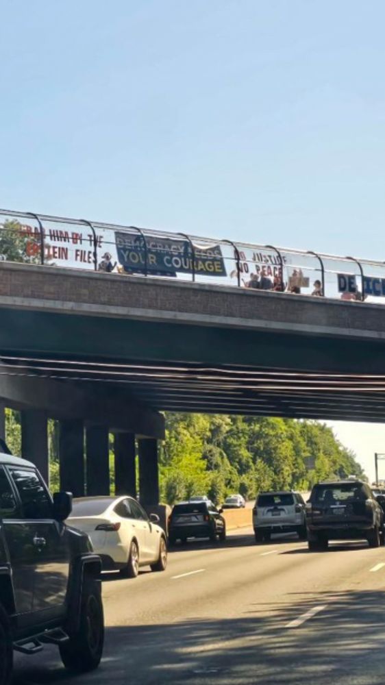 Highway overpass with several protest signs including Grab him by the Epstein files. 