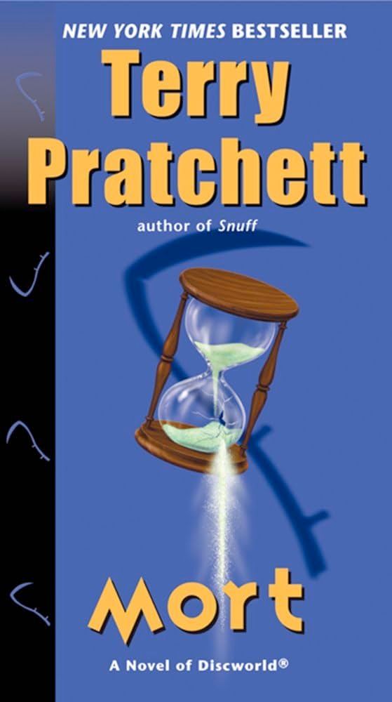 Cover of the book Mort, by Terry Pratchett (A novel of Discworld).

It features the silhouette of a scythe in the background. The foreground partially obscures it with an hourglass, sand falling from the top to the bottom chamber, and out of a large crack in the front of it.