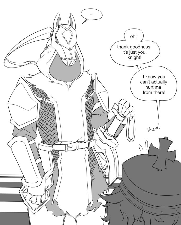 the white knight looks down at the black king, from a square close to him (it's implied he's not able to put him into check from here). the black king says "oh! thank goodness it's just you, knight! I know you can't actually hurt me from there!" (phew!)