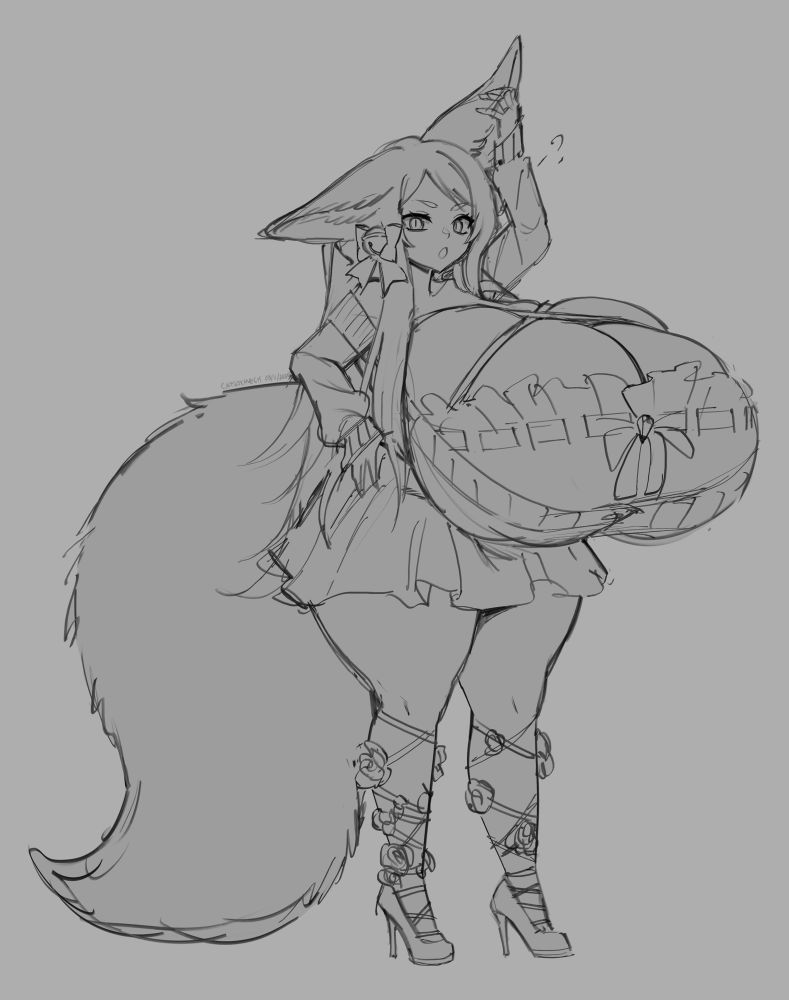 cinnamon (a busty fox girl) scratching her ear and looking confused at the viewer