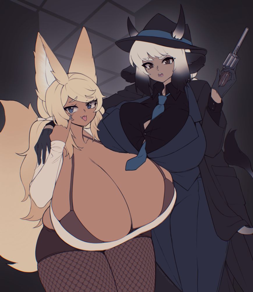 a mafia cow girl (Bianca) waving a pistol, while guarding a big tiddy fox girl (cinnamon) from whoever is staring at her
