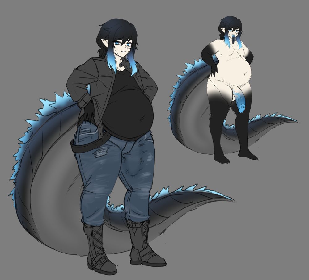 Goji is seen in both a clothed version and a nude version.

the following are the new changes:

- bigger thicker tail
- 1 row of spines instead of 3
- slight colour adjustments to hair/skin/tail
- new crack marks on chest and thigh
- bigger dick (slightly darker than before)
- black inky tongue with inner blue glowing mouth and throat
- fatter default size
- more attitude