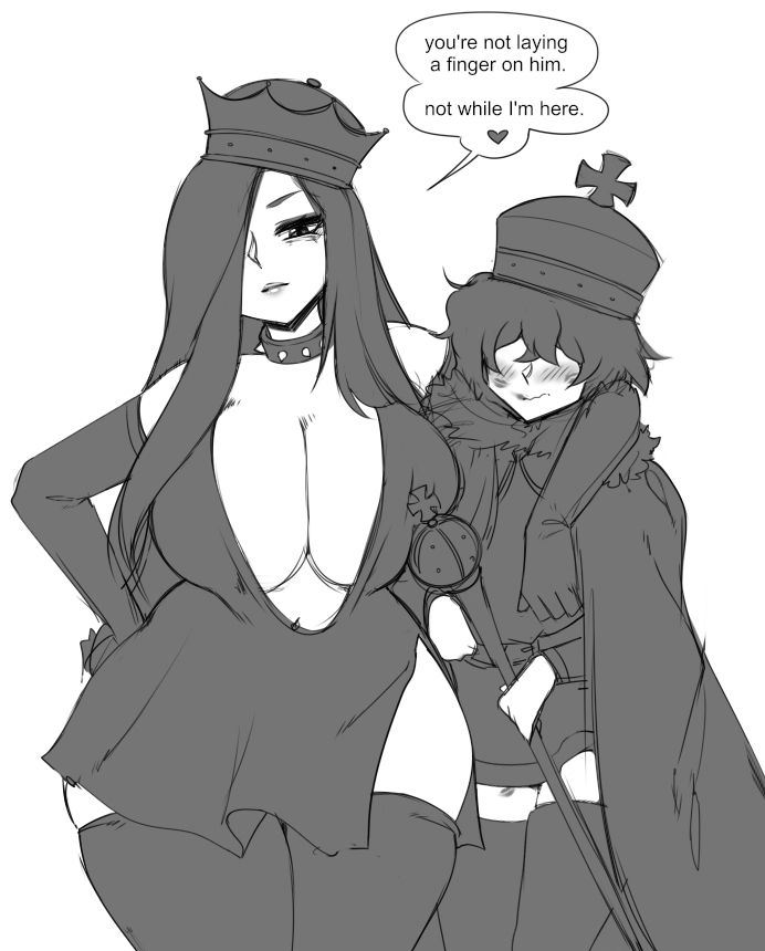 the black queen hugs the black king protectively. She is saying "You're not laying a finger on him. not while I'm here"