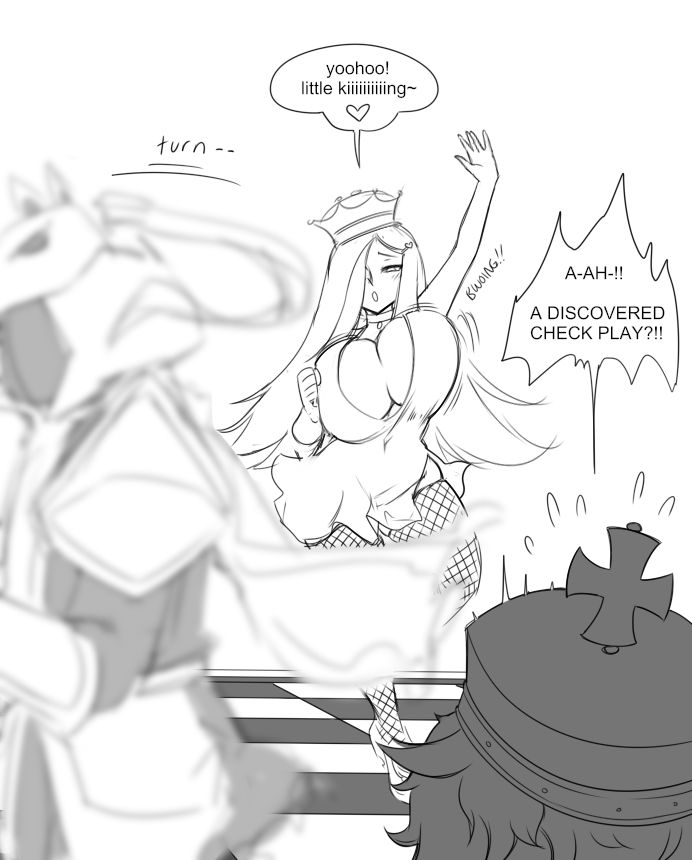 a continuation of the panel before, where the white knight is no longer in focus as he turns to the side to move, and reveals the white queen. She yells "yooohoo! little kiiiing!" and shocked/scared, the black king says "A-Ah! A DISCOVERED CHECK PLAY?!" (which is when you move one piece out of the way to reveal a line of sight to the king.)
