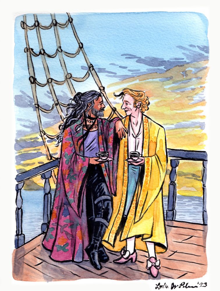 An illustration of Ed Teach and Stede Bonnet from Our Flag Means Death. They are standing on the deck of a ship with wooden railing and deck, with rigging in the back. They are wearing their fancy robes, Ed in his pink floral robe and Stede in his golden robe, both dressed down to trousers and shirts underneath. Ed has his knee brace and pearls and the cravat, with a purple tshirt from season 1. Stede has his teal trousers and pink shoes with white bows and white silk stockings. Both are holding tea cups. There is a glowing sunrise in the distance over the ocean.