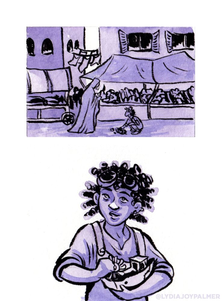 Top panels is of robed Viktor from Arcane coming to a stop in the market street with a small child crouched over a toy in front of her. Bottom image is a waist-up portrait of the girl, she has dark locs with a pair of safety goggles pushed up on her forehead, holding the boat and a broken piece un her hands, she looks up at viktor curious and friendly