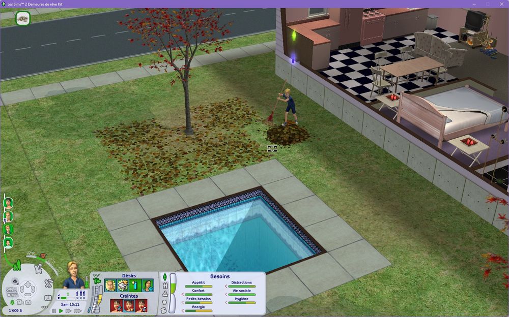 Brandon qui ramasse les feuilles morte autour de la piscine de QUATRE CARREAUX c'est a dire minuscule