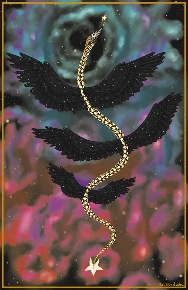 A digital drawing of a snake rising up the center, the snake has stars for scales, a star on it's tail, and a star at the end of its tongue. It has 3 pairs of black wings flecked with stars. The background is outer space with a blue, pink, and purple nebula