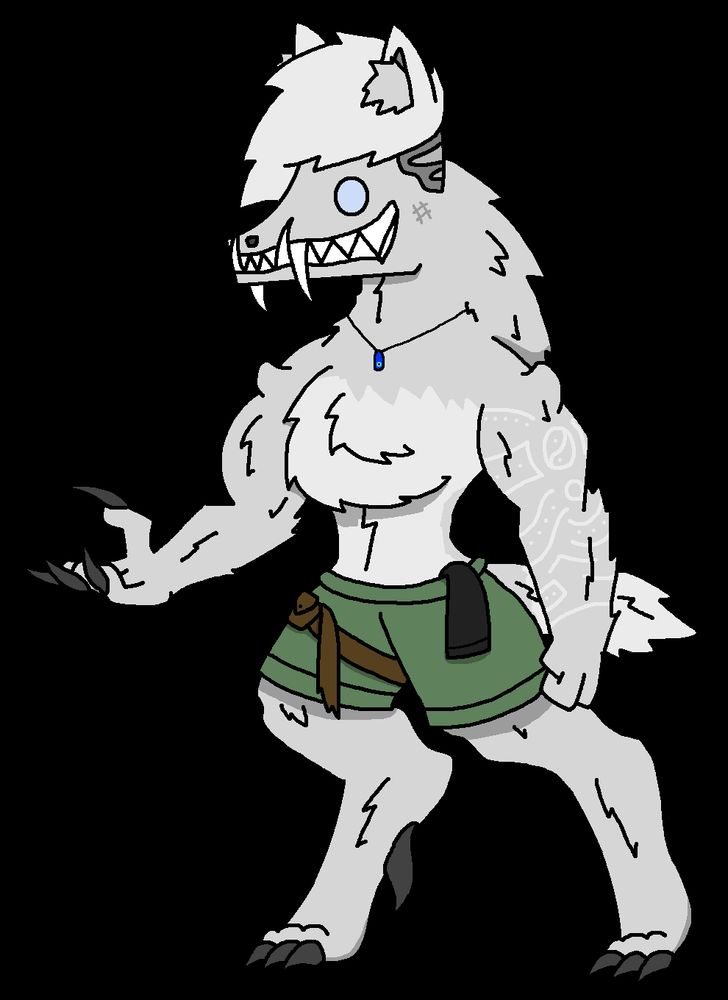 a werewolf with white fur wearing green pants, with ornate tattoos on her left arm