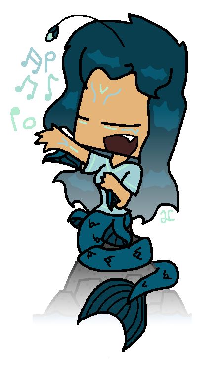 A siren of Greek mythology, covered in small lines akin to both human tattoos and fish bioluminescence. She is sitting on a rock with her tail wrapped around it, and singing a song. As the requirement for the post says, she has dark blue hair not unlike the color of water deep in the ocean, far from sunlight. 