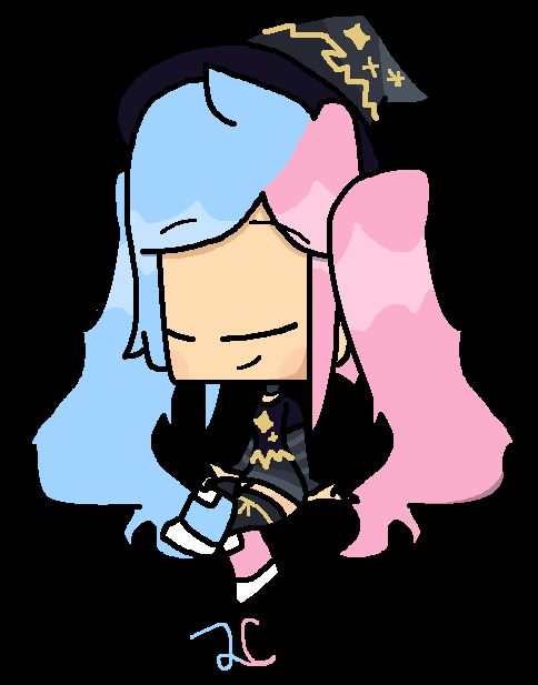 The same witch as the first picture, but now with her hair in pigtails, idly sitting and contemplating with a calm expression.