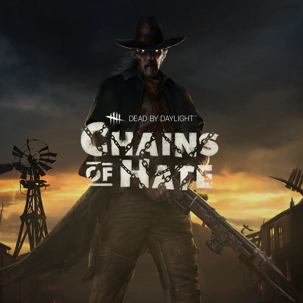 Key art for the Chains of Hate chapter for DBD released in spring 2020. It shows The Deathslinger in a dilapidated mining town in the Wild West. He’s an otherworldly cowboy with a metal leg prosthesis and a chain-link harpoon gun that he uses to reel in his victims