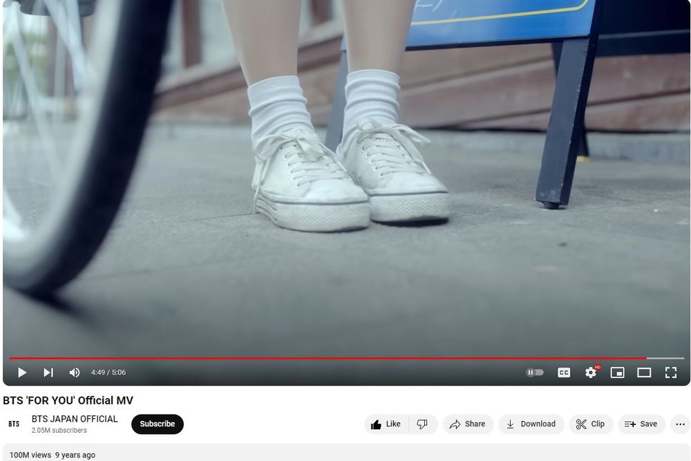 A close up of a girl's feet. She's wearing white socks and white sneakers. From BTS' music video 'For You'.