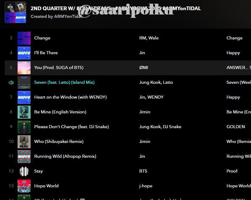 Screenshot of a playlist on Tidal. Currently playing Seven (feat. Latto) (Island Mix).