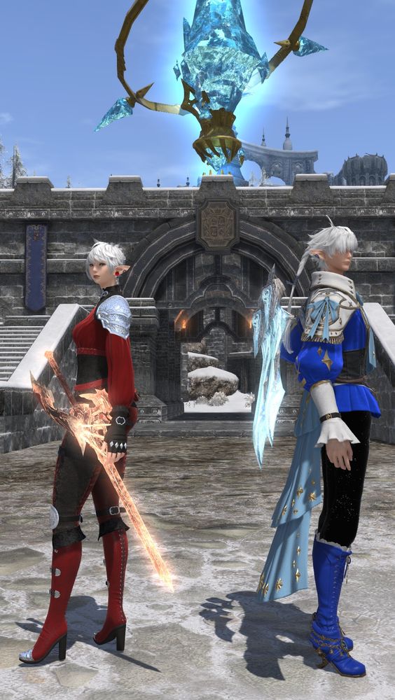 Two Elezen (or elf) adults with white hair stand back to back. They are the Leveilleur twins post-growth spurt.

The one on the left is Alisaie. Her hair has been cut short, and she’s wearing alee’s Lorien, dyed various shades of red. Her weapon is the Ultimate Rapier of the Heavens.

The one on the right is Alphinaud. He’s retained his ponytail, and he’s wearing a mix of Felis’ Prince of Stars mashup, dyed dragoon and ice-blue, and Nimpy’s Starry Jeans, because I didn’t like the pants from the mashup. His weapons are the Wings of Sanctifying Light.