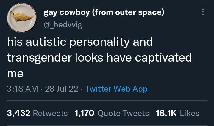 A post from twitter user @_hevvig: "his autistic personality and transgender looks have captivated me"
