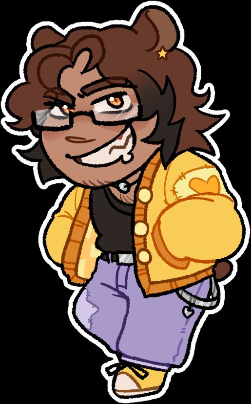 chibi of an streamer persona of a black bear and a brown bear, he has redish orange eyes with glasses on, he has brown hair with 1 black streak on each side, he is posing hand in pockets, he's wearing a yellow and orange cardigan with a patch that has a heart, a black undershirt, some long periwinkle baggy jeans with a star patch on his right knee and yellow shoes.