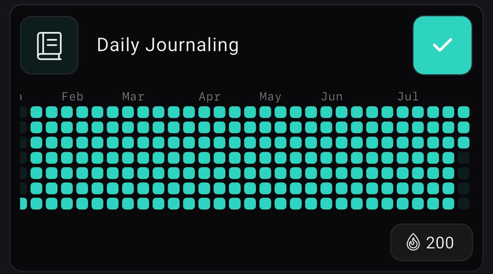 Screenshot showing a grid of days all filled in for 200 straight days of journaling 