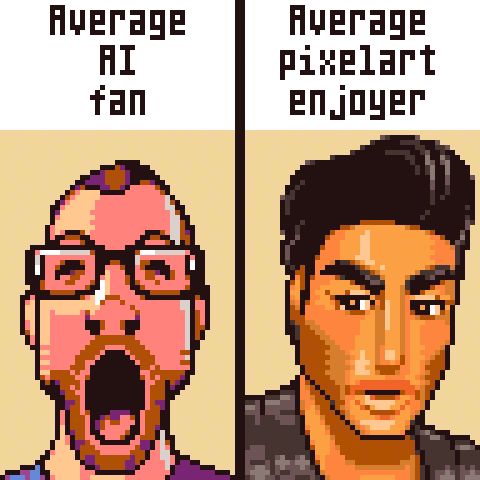 Average AI fan vs Average Pixelart enjoyer. The AI fan is a nerdy guy with a screaming face, the pixelart enjoyer is a handsome man with chiseled face structures.