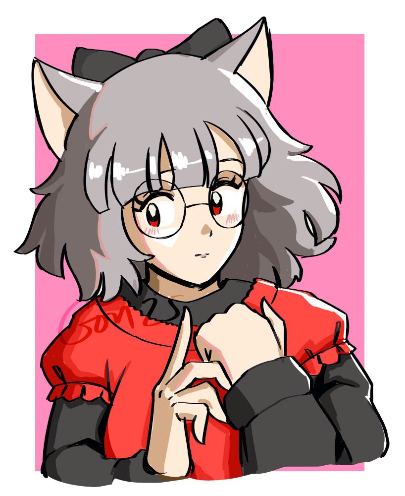digital drawing of Mimi, a gray-haired cat girl with round glasses, wearing a red blouse over a black shirt, with a bow of this same color