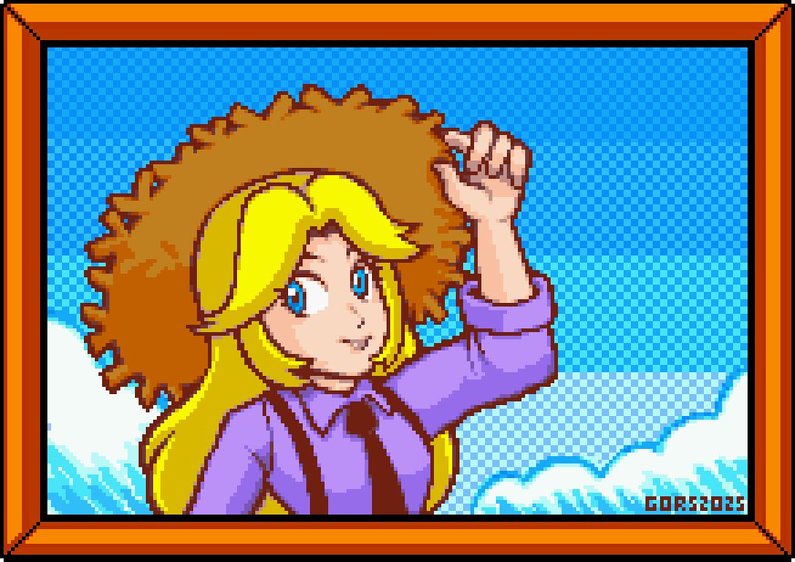 Pixel art of a blonde girl with purple shirt holding the brim of her straw hat and smiling.