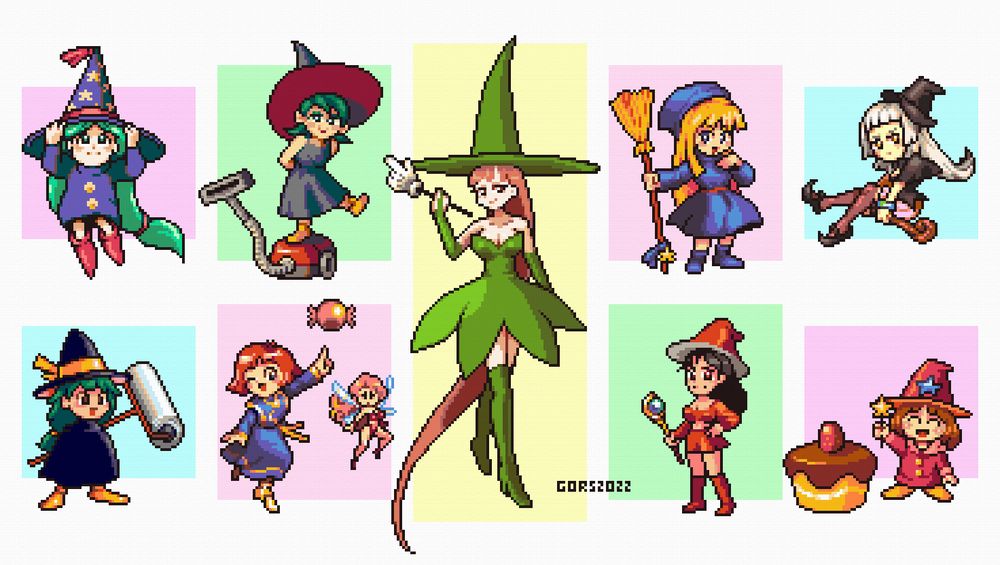Witches from several videogame franchises. Clockwise from middle:
Stella (Astra Superstars)
Witch (Puyo Puyo series)
Witch (Harvest Moon Animal Parade)
Ptolemy (The Fairyland Story)
Doropie (Magical Kids Doropie)
Nata de Cotton (Cotton series)
Momopie (Painter Momopie)
Sarissa (Wario's Woods)
Maple (Zelda: Oracle of Ages/Seasons)