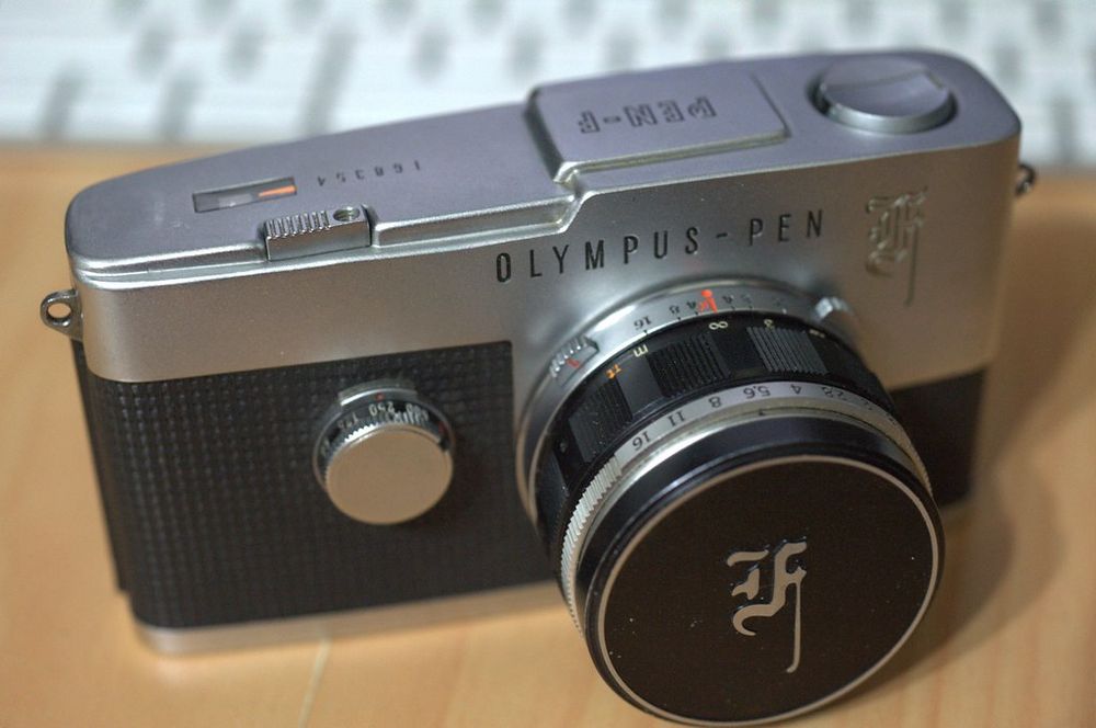 olympus pen f half-frame 35mm camera.