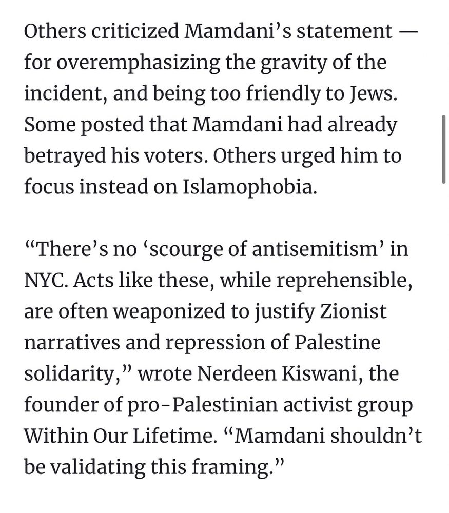 Others criticized Mamdani's statement — for overemphasizing the gravity of the incident, and being too friendly to Jews.
Some posted that Mamdani had already betrayed his voters. Others urged him to focus instead on Islamophobia.
"There's no 'scourge of antisemitism' in
NYC. Acts like these, while reprehensible, are often weaponized to justify Zionist narratives and repression of Palestine solidarity," wrote Nerdeen Kiswani, the founder of pro-Palestinian activist group Within Our Lifetime. "Mamdani shouldn't be validating this framing."