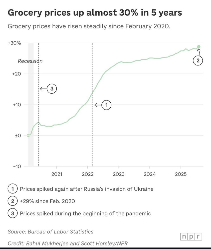 Chart of rising food costs in the US 

Grocery prices up almost 30% in 5 years
Grocery prices have risen steadily since February 2020.
Prices spiked again after Russia's invasion of Ukraine
2 +29% since Feb. 2020
3 Prices spiked during the beginning of the pandemic
Source: Bureau of Labor Statistics
Credit: Rahul Mukherjee and Scott Horsley/NPR
2025
