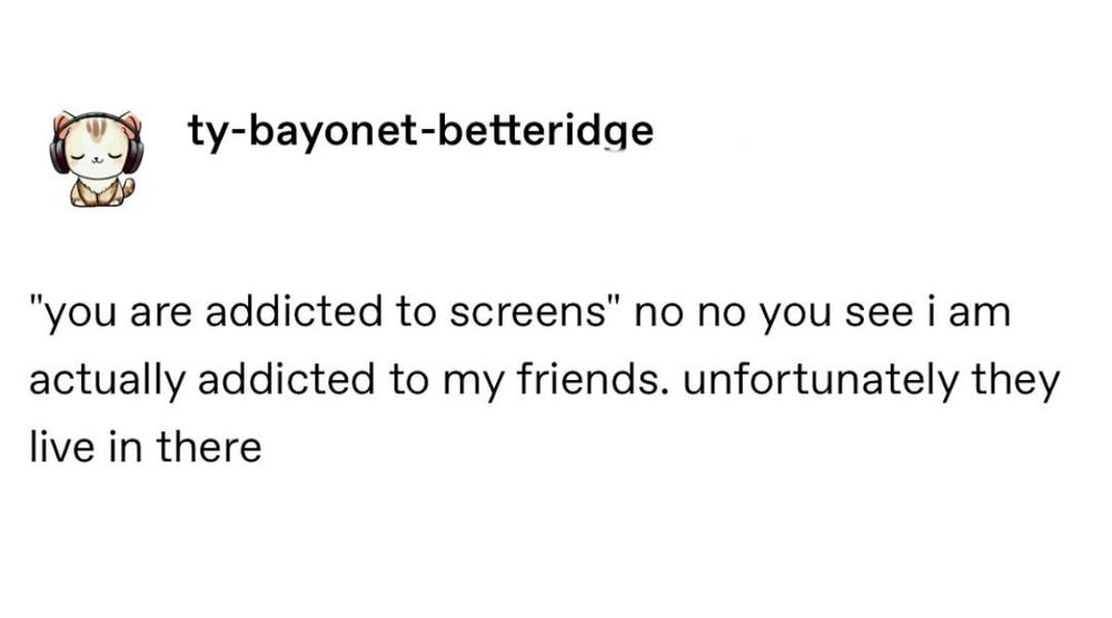 ty-bayonet-betteridge
"you are addicted to screens" no no you see i am actually addicted to my friends. unfortunately they live in there