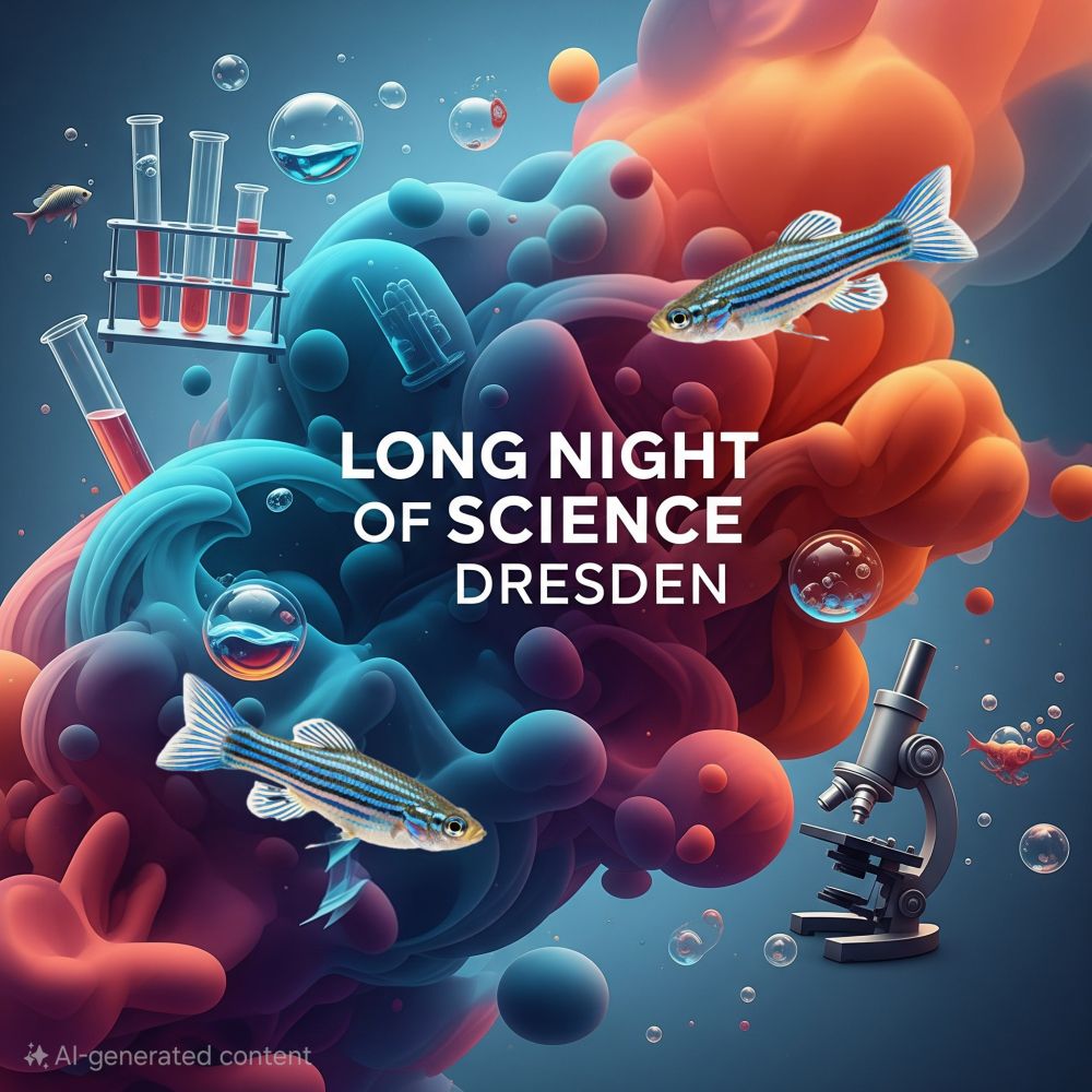 An artistic and colorful illustration promoting "Long Night of Science Dresden." The image features two striped fish (likely zebrafish) swimming amidst swirls of blue, orange, and purple smoky elements. Various scientific motifs are present, including test tubes filled with red liquid, floating bubbles, a microscope, and what appears to be a stylized eye. The overall impression is dynamic and visually engaging, representing scientific exploration and discovery.