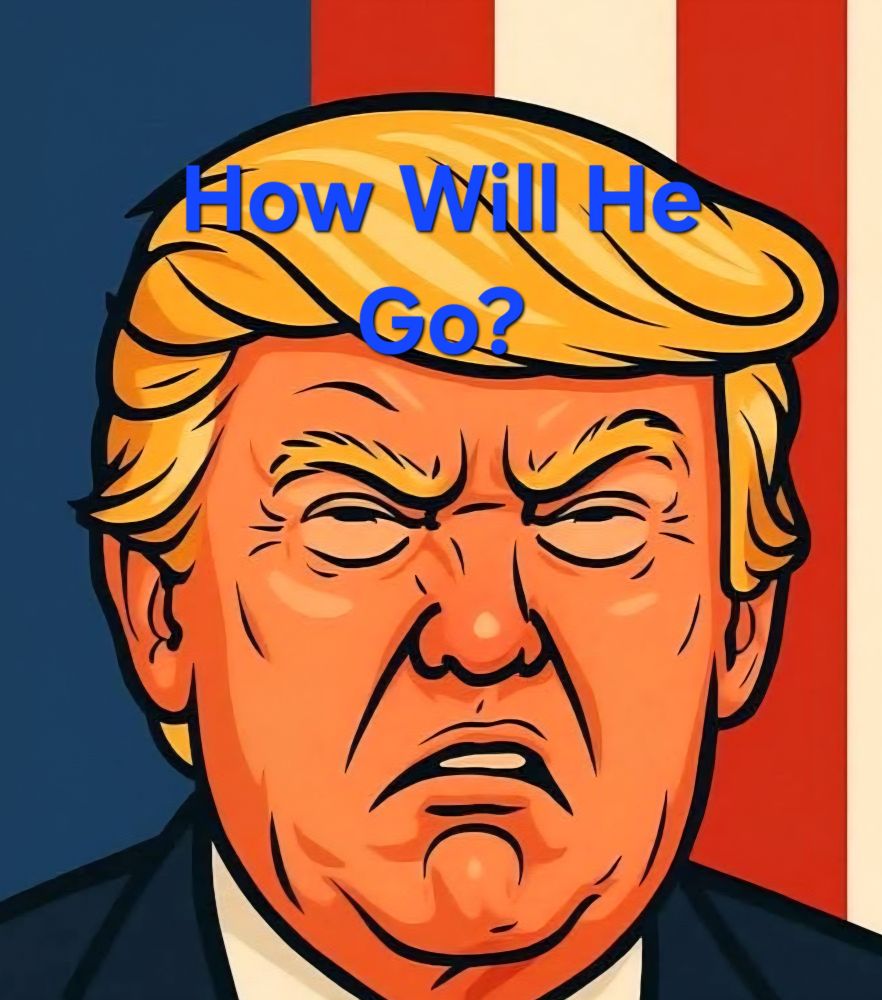 Cartoon face of Trump with words superimposed that ask "How will he go?"